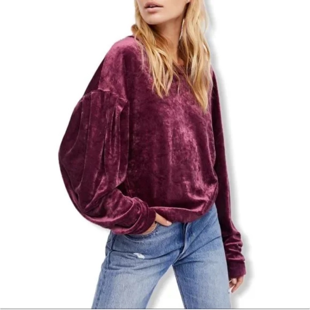 We The Free People Milan Crushed Velvet Lounge Sweatshirt Sz Medium Burgundy